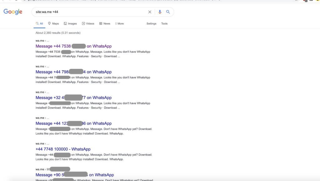 Номера телефонов WhatsApps проиндексированы в Google
